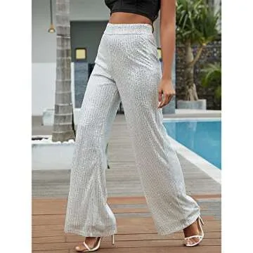 Aelidiya Women's Glitter Sequin Long Loose Pants Bling Party Clubwear Elastic Casual Pants White