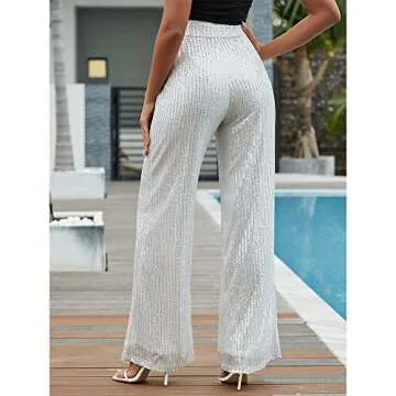 Aelidiya Women's Glitter Sequin Long Loose Pants Bling Party Clubwear Elastic Casual Pants White