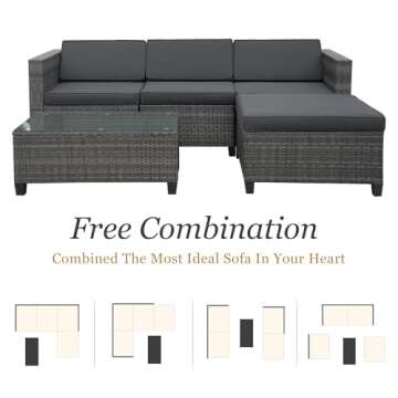 May in Color 5 Piece Outdoor Patio Sectional Furniture Set, Weather Resistant Rattan Outside Couch, Waterproof Conversation Sofa for Balcony, Porch, Backyard, Deck, Garden, Grey