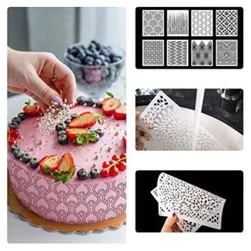 DI QIU REN 8PCS Cake Decorating Stencils & Templates, 8x9.8Inches Large Floral Cake Printing Fine Hollow Lace Cookie Fondant Dessert Cake Templates, Side Baking Mesh Stencil Tool for Cake Decor