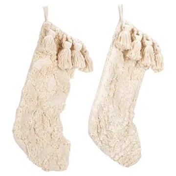 Charming 20" Ivory Cotton Slub Stockings Set of 2