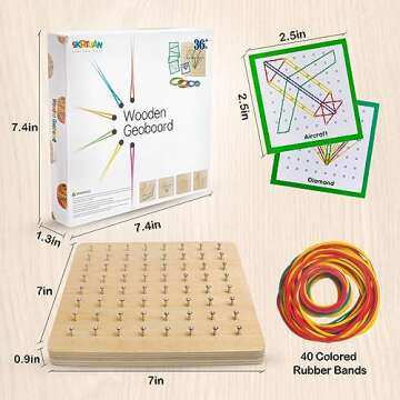 Wooden Geoboard with Rubber Bands Graphical Math Pattern Blocks Geo Board - Montessori Educational Toy for Kids with Pattern Cards and Rubber Bands Create Figures Shape STEM Puzzle Matrix Brain Teaser
