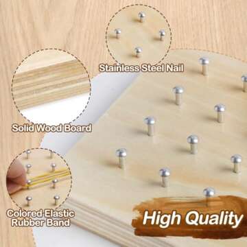 Wooden Geoboard with Rubber Bands Graphical Math Pattern Blocks Geo Board - Montessori Educational Toy for Kids with Pattern Cards and Rubber Bands Create Figures Shape STEM Puzzle Matrix Brain Teaser