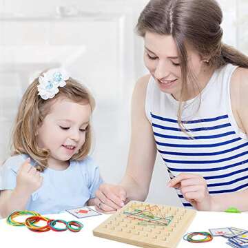 Wooden Geoboard with Rubber Bands Graphical Math Pattern Blocks Geo Board - Montessori Educational Toy for Kids with Pattern Cards and Rubber Bands Create Figures Shape STEM Puzzle Matrix Brain Teaser