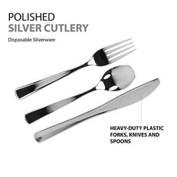 Plastic Cutlery Silverware Extra Heavyweight Disposable Flatware, Full Size Cutlery Combo, Polished Silver, 80 Forks, 40 Spoons, 40 Knifes, Value Pack 160 Count