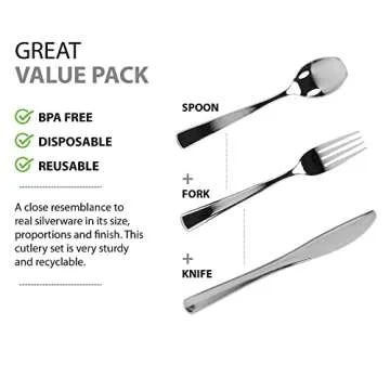 Plastic Cutlery Silverware Extra Heavyweight Disposable Flatware, Full Size Cutlery Combo, Polished Silver, 80 Forks, 40 Spoons, 40 Knifes, Value Pack 160 Count