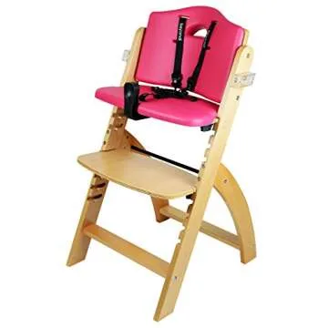 Abiie Beyond Junior Wooden High Chair with Tray. The Perfect Adjustable Baby Highchair Solution for Your Babies and Toddlers or as a Dining Chair. 6 Months up to 250 Lb. Natural Wood/Pink Cushion