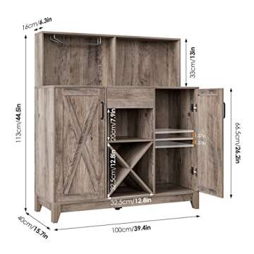 HOSTACK Modern Farmhouse Coffee Bar Cabinet, Barn Doors Wine Liquor Bar Cabinet with Storage Hutch, Kitchen Sideboard Buffet with Drawer | Shelves | Wine & Glass Rack for Home Office, Ash Grey