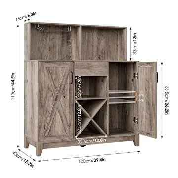 HOSTACK Modern Farmhouse Coffee Bar Cabinet, Barn Doors Wine Liquor Bar Cabinet with Storage Hutch, Kitchen Sideboard Buffet with Drawer | Shelves | Wine & Glass Rack for Home Office, Ash Grey