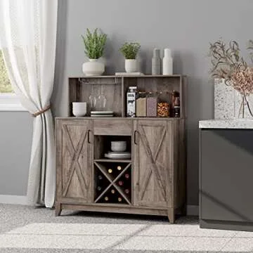 HOSTACK Modern Farmhouse Coffee Bar Cabinet, Barn Doors Wine Liquor Bar Cabinet with Storage Hutch, Kitchen Sideboard Buffet with Drawer | Shelves | Wine & Glass Rack for Home Office, Ash Grey