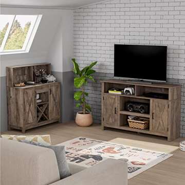 HOSTACK Modern Farmhouse Coffee Bar Cabinet, Barn Doors Wine Liquor Bar Cabinet with Storage Hutch, Kitchen Sideboard Buffet with Drawer | Shelves | Wine & Glass Rack for Home Office, Ash Grey