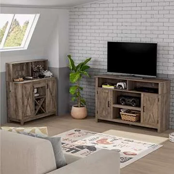 HOSTACK Modern Farmhouse Coffee Bar Cabinet, Barn Doors Wine Liquor Bar Cabinet with Storage Hutch, Kitchen Sideboard Buffet with Drawer | Shelves | Wine & Glass Rack for Home Office, Ash Grey