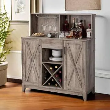 HOSTACK Modern Farmhouse Coffee Bar Cabinet, Barn Doors Wine Liquor Bar Cabinet with Storage Hutch, Kitchen Sideboard Buffet with Drawer | Shelves | Wine & Glass Rack for Home Office, Ash Grey