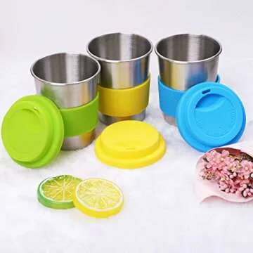 Ruisita 6 Pack 8 Ounce Stainless Steel Cups with Silicone Lids and Sleeves Unbreakable Drinking Pint Cups for Children and Adults(6, 8 Ounce)