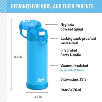 THERMOS FUNTAINER 16 Ounce Stainless Steel Vacuum Insulated Bottle with Wide Spout Lid, Electric Blu...