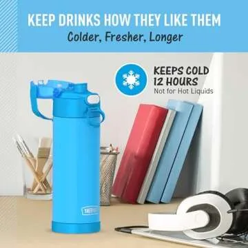 THERMOS FUNTAINER 16 Ounce Stainless Steel Vacuum Insulated Bottle with Wide Spout Lid, Electric Blue