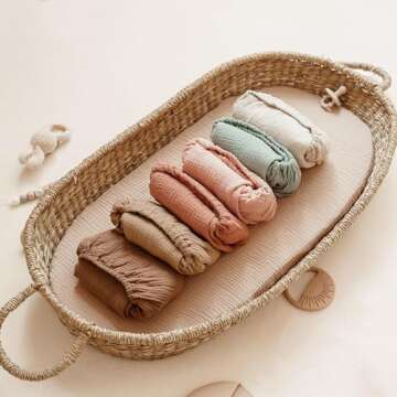 Konssy 2 Pack Muslin Fitted Bassinet Sheets for Baby Girl Boy, Soft Breathable Baby Bassinet Sheets Fit for Baby Bassinets, Cradle, Moses Basket Oval Rectangle Pad/Mattress (Pink,Summer Wheat)