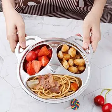 Lyellfe Set of 4 Stainless Steel Divided Plates, 3 Sections Unbreakable Dinner Plates, Cute Panda Shape Divided Plates for Picky Eaters, Lunch, Camping