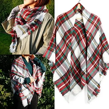 OCT17 Plaid Scarfs for Women Pashmina Tartan Wrap Large Warm Blanket Soft Shawl Checked Winter Fall Scarfs Scarves for Woman - Xmas