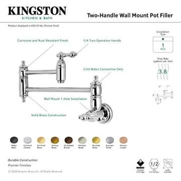 Kingston Brass KS3107AL Wall Mount Pot Filler Kitchen Faucet, Brushed Brass 20 x 2.63 x 8