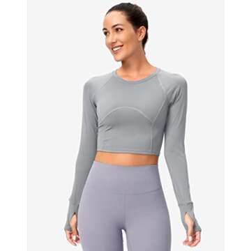 SANTINY Women's Long Sleeve Crop Workout Tops Slim Fit Gym Yoga Running Shirts for Women(Light Grey_S)