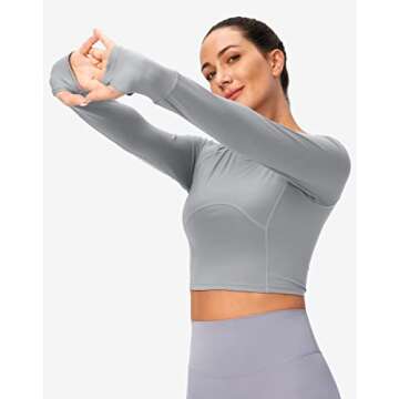 SANTINY Women's Long Sleeve Crop Workout Tops Slim Fit Gym Yoga Running Shirts for Women(Light Grey_S)