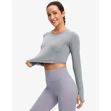 SANTINY Women's Long Sleeve Crop Workout Tops Slim Fit Gym Yoga Running Shirts for Women(Light Grey_S)