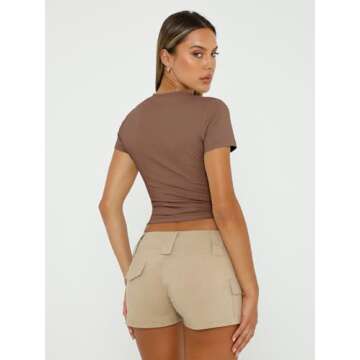 Trendy Queen Womens Basic T Shirts Scoop Neck Short Sleeve Crop Tops Slim Fit Summer Tees Y2k Clothing 2025 Coffee M