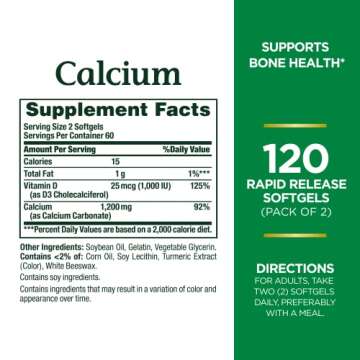 Nature's Bounty Calcium Plus 1000 IU Vitamin D3, Immune Support & Bone Health, Softgels, 120 Ct (2-P...