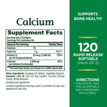 Nature's Bounty Calcium Plus 1000 IU Vitamin D3, Immune Support & Bone Health, Softgels, 120 Ct (2-P...
