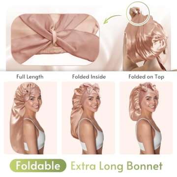 BONNET QUEEN Braid Bonnet Silk Bonnet Foldable Extra Long Bonnet for Braids Satin Bonnet for Sleeping Hair Bonnet with Tie Band Long Sleep Cap Champagne