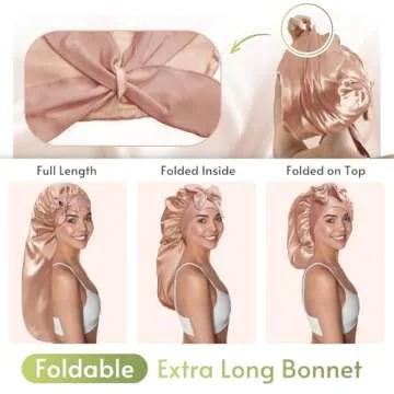 BONNET QUEEN Braid Bonnet Silk Bonnet Foldable Extra Long Bonnet for Braids Satin Bonnet for Sleeping Hair Bonnet with Tie Band Long Sleep Cap Champagne
