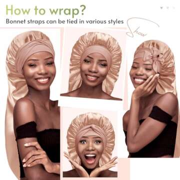 BONNET QUEEN Braid Bonnet Silk Bonnet Foldable Extra Long Bonnet for Braids Satin Bonnet for Sleeping Hair Bonnet with Tie Band Long Sleep Cap Champagne