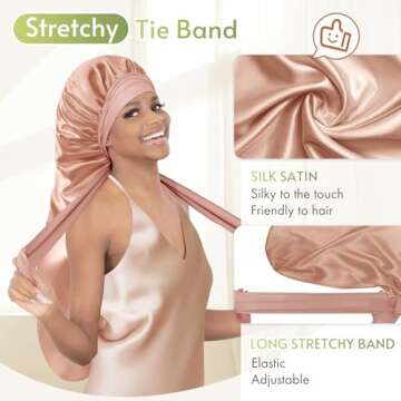 BONNET QUEEN Braid Bonnet Silk Bonnet Foldable Extra Long Bonnet for Braids Satin Bonnet for Sleeping Hair Bonnet with Tie Band Long Sleep Cap Champagne