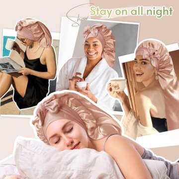 BONNET QUEEN Braid Bonnet Silk Bonnet Foldable Extra Long Bonnet for Braids Satin Bonnet for Sleeping Hair Bonnet with Tie Band Long Sleep Cap Champagne
