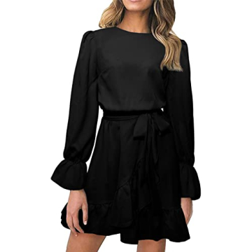 CFLONGE Women Flowy Long Sleeve Mini Dress with Belt