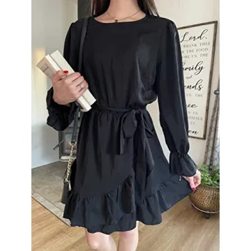 CFLONGE Women Flowy Long Sleeve Mini Dress with Belt