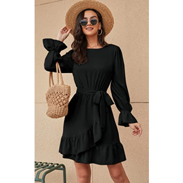 CFLONGE Women Flowy Long Sleeve Mini Dress with Belt