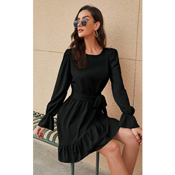 CFLONGE Women Flowy Long Sleeve Mini Dress with Belt