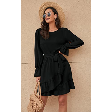 CFLONGE Women Flowy Long Sleeve Mini Dress with Belt