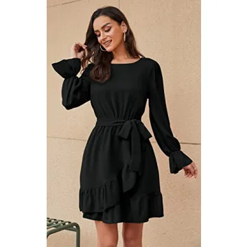 CFLONGE Women Flowy Long Sleeve Mini Dress with Belt