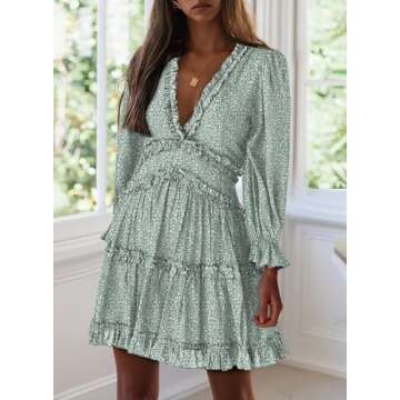 Dokotoo Womens Casual Female Summer Deep V Neckline Long Sleeve Leopard Print Mini Dress Boho Fashion Skater A Line Ruffle Hem Swing Dresses Green X-Large