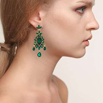 GONGZHU Crystal Statement Earrings for Women Bohemian Rhinestone Earrings Drop Chandelier Earrings Green Tone(52941-GN)