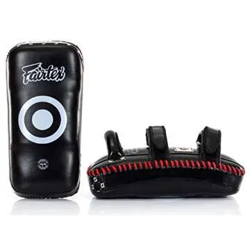 Fairtex KPLS2 Muay Thai Kick Pads Superior All Genuine Leather | Professional Training Pads for Boxing, MMA, and More | Cow Hide Leather, Curved Design, Hook & Loop Closure, Padded Straps (Black/Red)