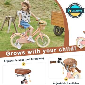 Glerc Little Molly 14 inch Kids Retro Cruiser Bike Bicycle for Girls Boys Ages 2 3 4 5 6 7 Year Old with Wicker Basket & Lightweight & Traning Wheels & Bell for Birthday Gift Peach