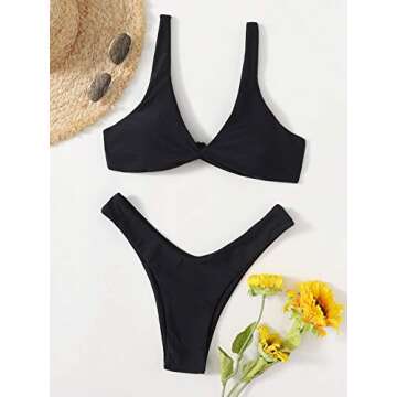 Verdusa Women's Twist Front High Cut Thong Two Piece Bikini