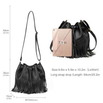 Leather Bucket Bags for Women Crossbody Fringe Purses with Drawstring Ladies Tassel Hobo and Shoulde...