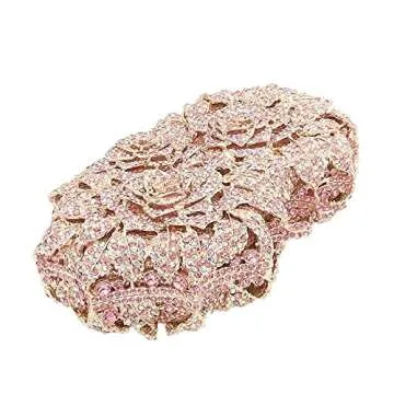 Boutique De FGG Dazzling Flower Evening Bags For Women Formal Party Rhinestone Handbags Wedding Crystal Clutch Purse,Pink AB,Mini