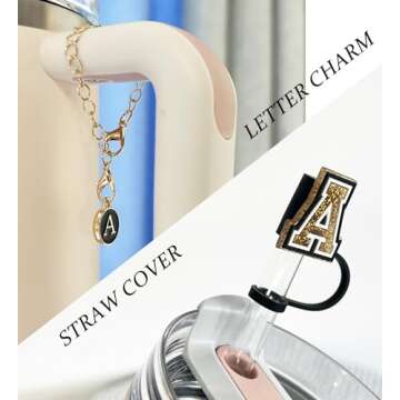 （3 +3) 3PCS Nuozme Straw Cover 10mm For Stanley Tumbler Cup Reusable Straw Cap Topper with 3 Initial Letter Charms Accessories Name ID Personalized Handle Charm For Stanley 30&40 Oz Cup Tumbler