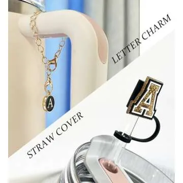 （3 +3) 3PCS Nuozme Straw Cover 10mm For Stanley Tumbler Cup Reusable Straw Cap Topper with 3 Initial Letter Charms Accessories Name ID Personalized Handle Charm For Stanley 30&40 Oz Cup Tumbler